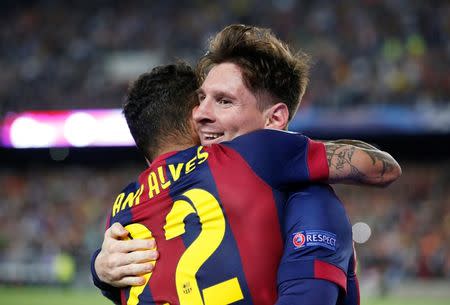 FC Barcelona v Bayern Munich - UEFA Champions League Semi Final First Leg - The Nou Camp, Barcelona, Spain - 6/5/15 Barcelona's Lionel Messi celebrates with Dani Alves after scoring their second goal Reuters / Gustau Nacarino