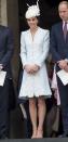 <p>The Duchess of Cambridge celebrates Queen Elizabeth II's 90th birthday in London wearing a Catherine Walker coat, Jane Taylor hat and an L.K.Bennett clutch. </p>