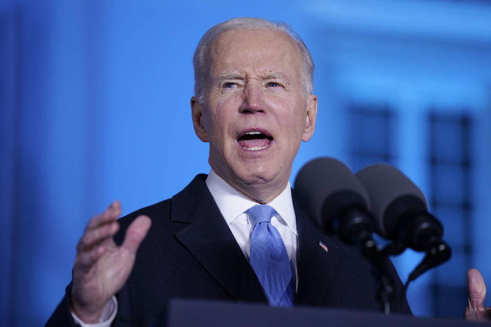 FILE - President Joe Biden delivers a speech about the Russian invasion of Ukraine, at the Royal Castle, March 26, 2022, in Warsaw. One year ago, Biden braced for the worst as Russia massed troops in preparation to invade Ukraine. But as Russia’s deadly invasion reaches the one year mark, Kyiv stands and Ukraine has exceeded even its own expectations. (AP Photo/Evan Vucci, File)