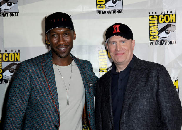 "Blade" star Mahershala Ali and Kevin Feige attend Marvel Studios Panel during 2019 Comic-Con International at San Diego Convention Center on July 20, 2019.<p><a href="https://www.gettyimages.com/detail/1163270878" rel="nofollow noopener" target="_blank" data-ylk="slk:Albert L. Ortega/Getty Images" class="link ">Albert L. Ortega/Getty Images</a></p>