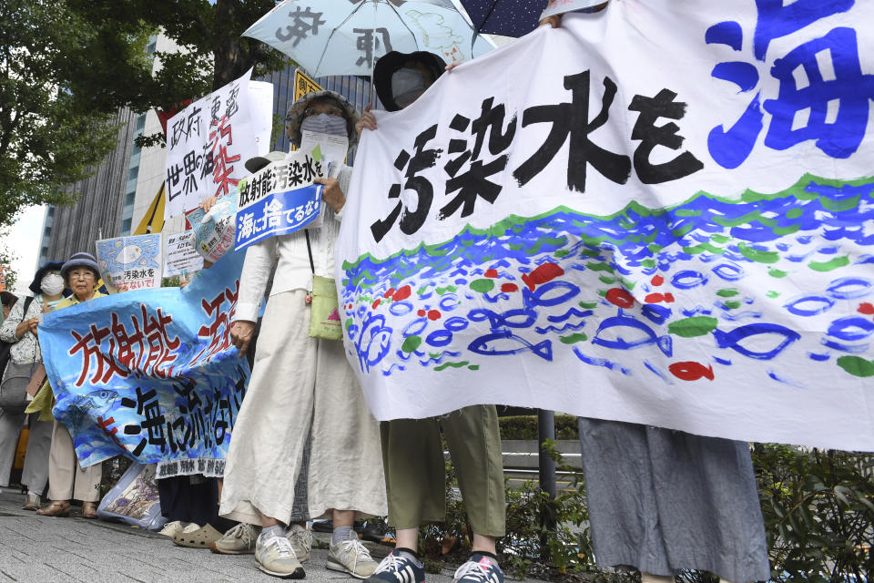 Protester holds a sign which reads "Do not discharge the wastewater into the sea" during a rally against the treated radioactive water release from the damaged Fukushima nuclear power plant, in front of Tokyo Electric Power Company Holdings (TEPCO) headquarters, Thursday, Aug. 24, 2023, in Tokyo. The operator of the tsunami-wrecked Fukushima Daiichi nuclear power plant will begin releasing the first batch of treated and diluted radioactive wastewater into the Pacific Ocean later Thursday, utility executives said.(AP Photo/Norihiro Haruta)