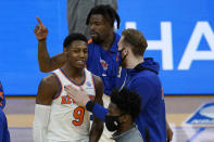 New York Knicks guard RJ Barrett (9) celebrates with teammates after the Knicks defeated the Golden State Warriors in an NBA basketball game in San Francisco, Thursday, Jan. 21, 2021. (AP Photo/Jeff Chiu)