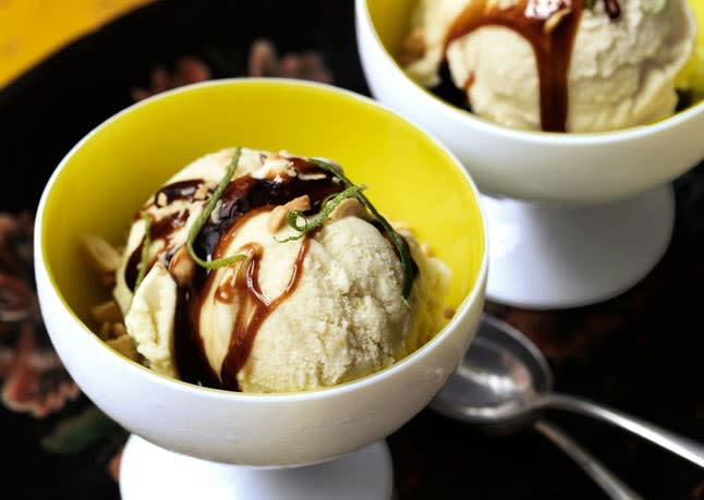 Coconut-Corn Ice Cream with Brown-Sugar Syrup and Peanuts