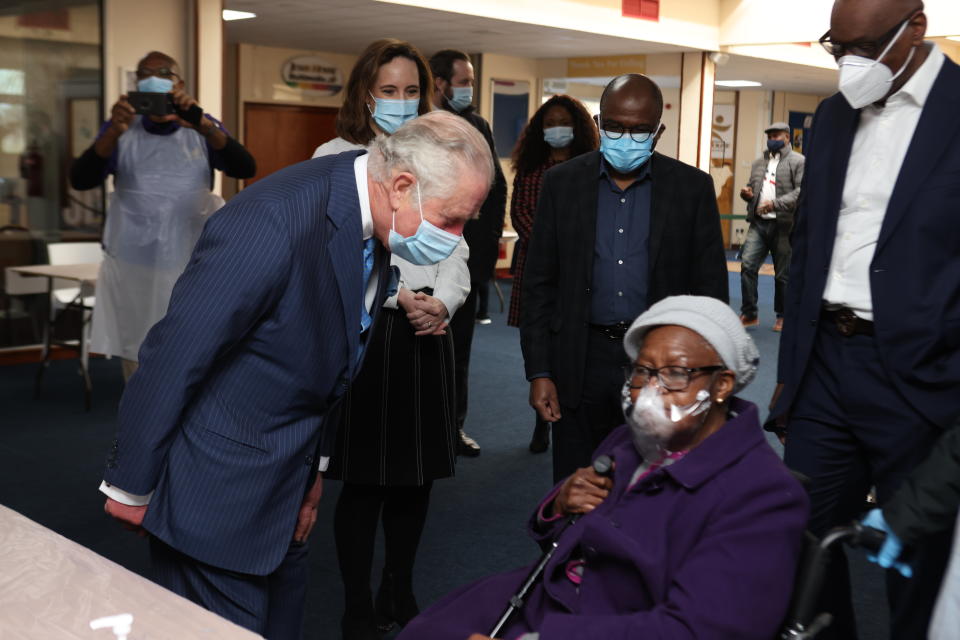 LONDON, ENGLAND - MARCH 09: Prince Charles, Prince of Wales visits Jesus House church to see an NHS vaccine pop-up clinic in action on March 9, 2021 in London, England. The Prince was shown round by Pastor Agu Irukwu and learnt about community work to combat vaccine hesitancy and support for the community during the coronavirus pandemic. (Photo by Ian Vogler - WPA Pool/Getty Images)