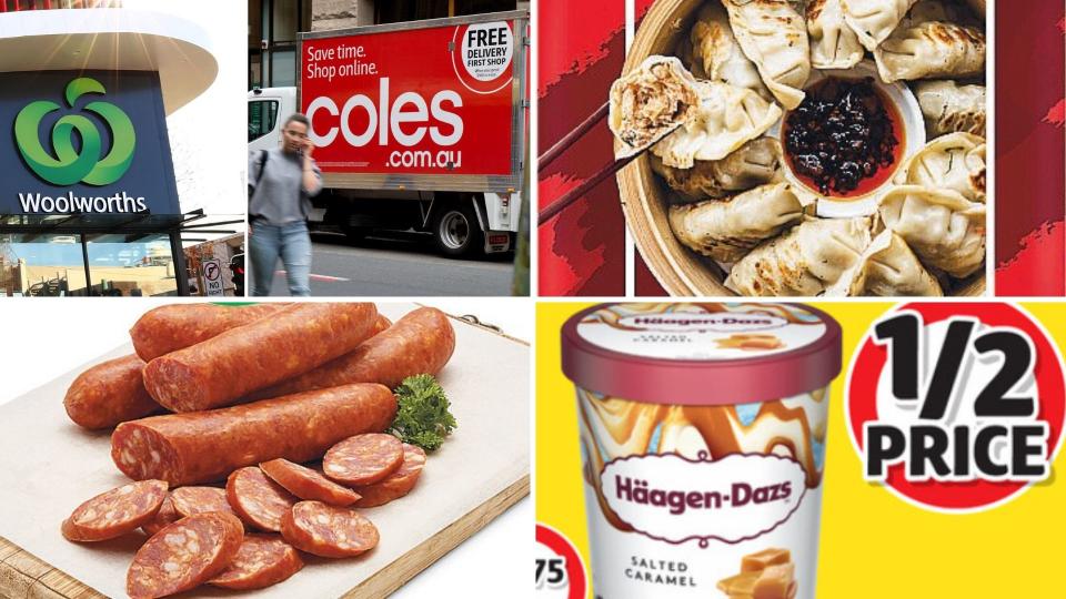 Woolworths and Coles signs, dumplings, Haagen-Dazs ice cream and chorizos.