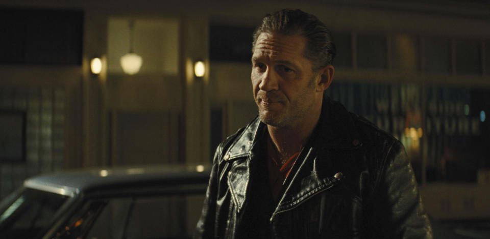 This image released by Focus Features shows Tom Hardy in a scene from "The Bikeriders." (Focus Features via AP)