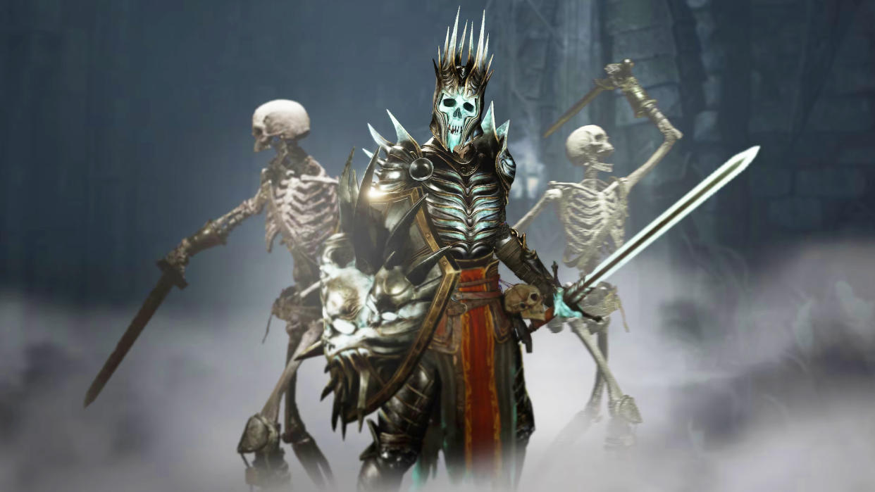  Diablo 4 Necromancer wearing shop armor holding a sword and shield. 