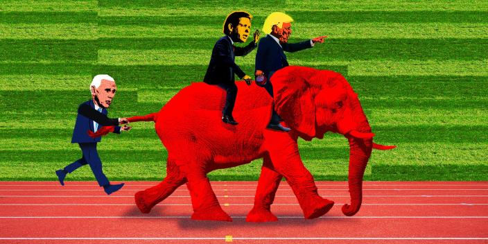 Trump, DeSantis on the back of an elephant while Pence tries to hold on