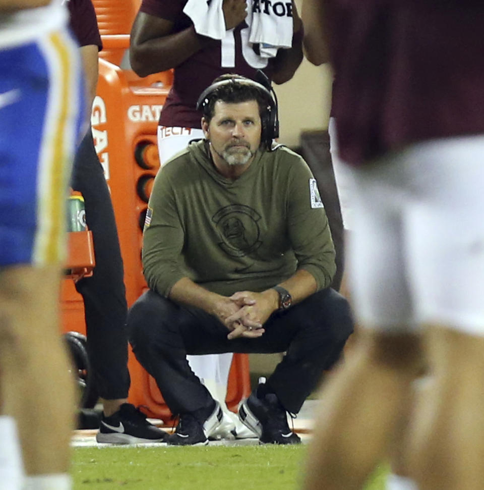 Virginia Tech coach Brent Pry watches during the first half of the team's NCAA college football game against Pittsburgh on Saturday, Sept. 30, 2023, in Blacksburg, Va. (Matt Gentry/The Roanoke Times via AP)