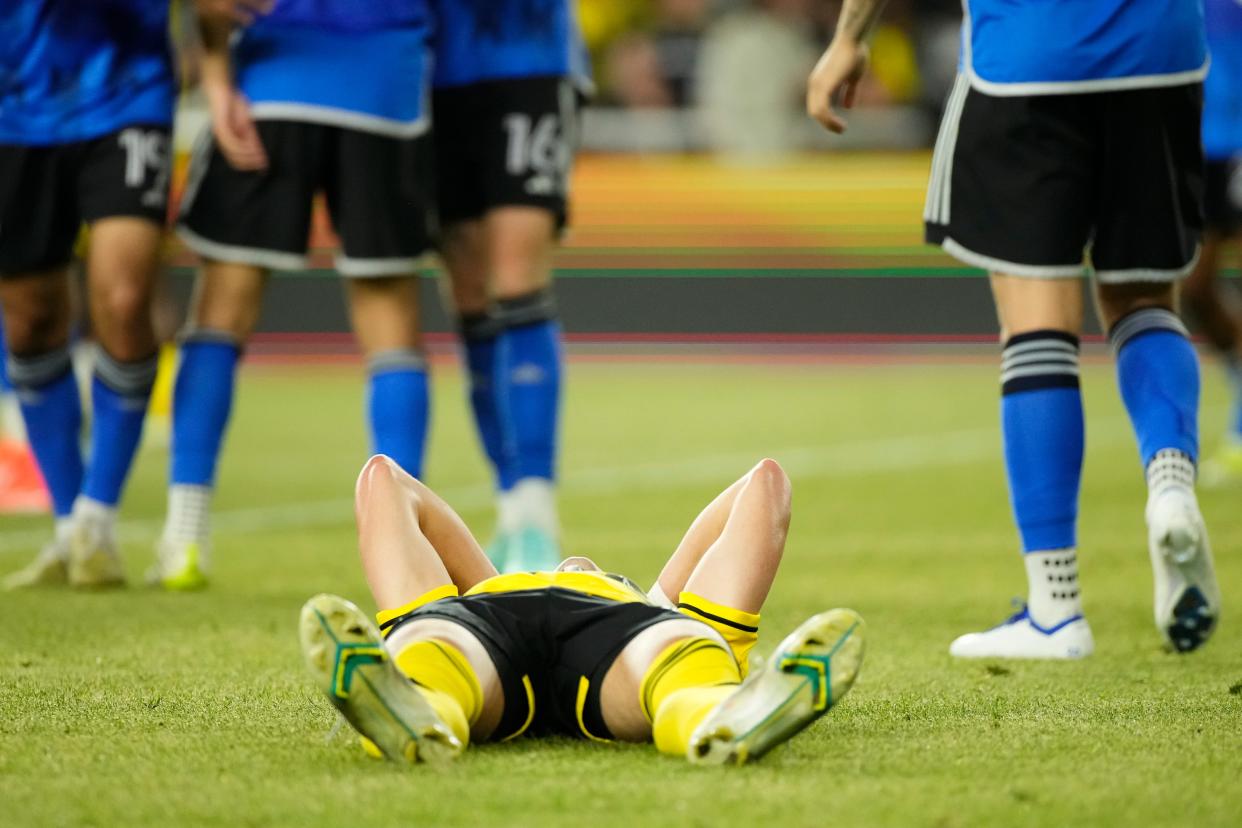 Apr 27, 2024; Columbus, Ohio, USA; Columbus Crew forward Max Arftsen (27) falls to the pitch at the end of the MLS match against CF Montreal at Lower.com Field. The teams played to a 0-0 draw.