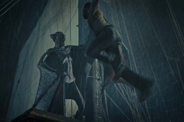 (from left) Nosferatu (Javier Botet) and Clemens (Corey Hawkins) in The Last Voyage of the Demeter (2023)