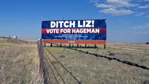 PHOTO: A billboard calls on voters to cast their ballots for Harriet Hageman, who is running against incumbent Rep. Liz Cheney in the Republican primary election outside Cheyenne, Wyo., July 19, 2022. (Thomas Peipert/AP)