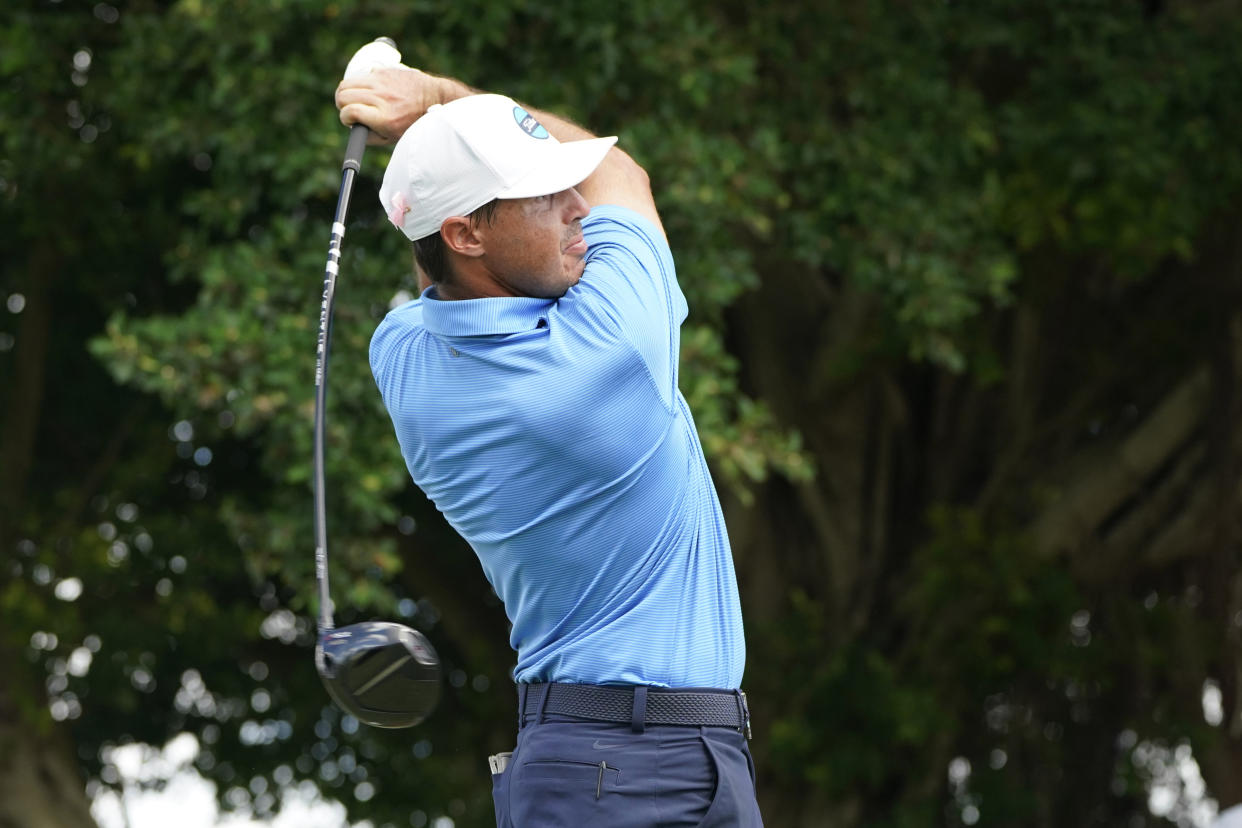 Chase Koepka hits from the 17th tee during the final round of the LIV Golf Team Championship at Trump National Doral Golf Club, Sunday, Oct. 30, 2022, in Doral, Fla. (AP Photo/Lynne Sladky)