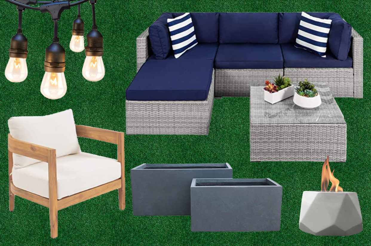 Outdoor sofa, outdoor chair and lights on a fake grass lawn