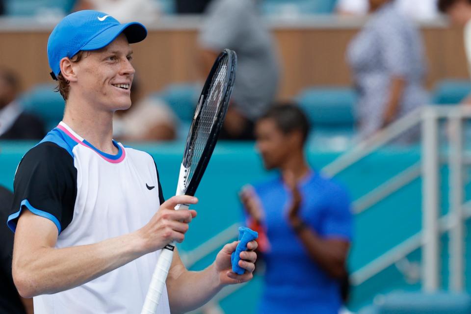 Jannik Sinner (ITA) waves to the fans after his match against Daniil Medvedev (not pictured) in a men's singles semifinal of the Miami Open at Hard Rock Stadium.