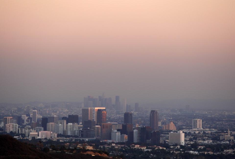 File of Century City and downtown Los Angeles are seen through the smog