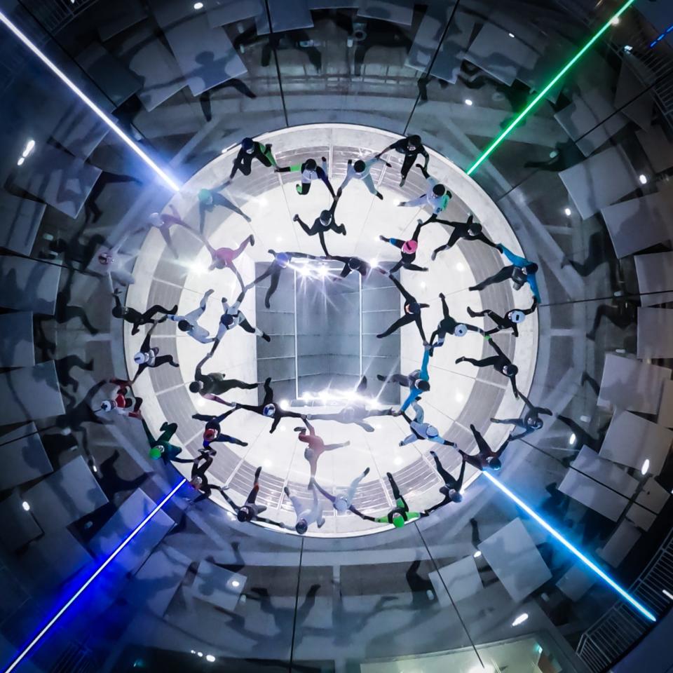 Most recently, the world record core of 40 women practiced their center formation at the world’s biggest wind tunnel at CLYMB Abu Dhabi. At a massive diameter of 32 feet, CLYMB’s tunnel allowed the women to practice continuously the vertical freefall portion of the jump without jumping out of an airplane or deploying a parachute.