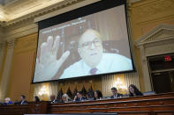 FILE - A video deposition from Rudy Giuliani is shown as the House select committee investigating the Jan. 6 attack on the U.S. Capitol holds a hearing at the Capitol in Washington, July 12, 2022. The Jan. 6 congressional hearings have paused, at least for now, and Washington is taking stock of what was learned about the actions of Donald Trump and associates surrounding the Capitol attack. (AP Photo/J. Scott Applewhite, File)