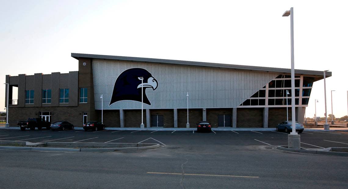 A large hawk adorns the outside of the new 80,000-square-foot student recreation center at Columbia Basin College in Pasco. Bob Brawdy/bbrawdy@tricityherald.com