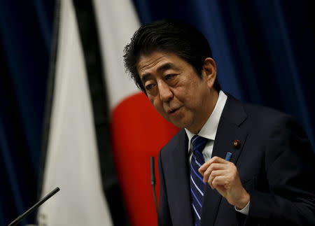 Japan's Prime Minister Shinzo Abe speaks at a news conference a day before Japan remembers the victims of the March 11, 2011 triple disaster at his official residence in Tokyo, Japan, March 10, 2016. REUTERS/Toru Hanai
