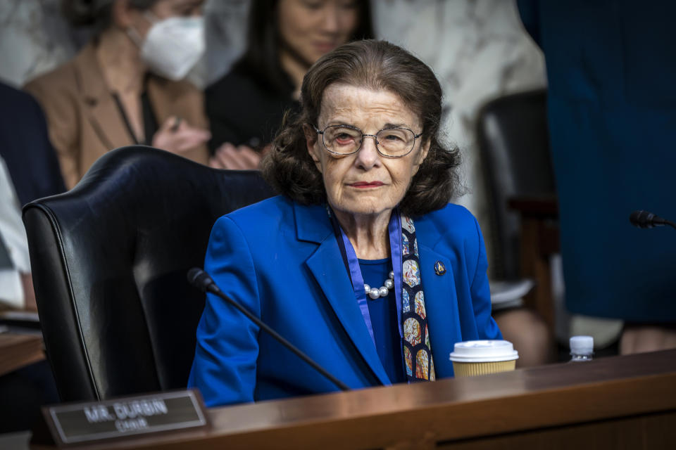 Image: Sen. Dianne Feinstein, D-Calif., returns to the Senate Judiciary Committee following a more than two-month absence at the Capitol on May 11, 2023.  (J. Scott Applewhite / AP file)