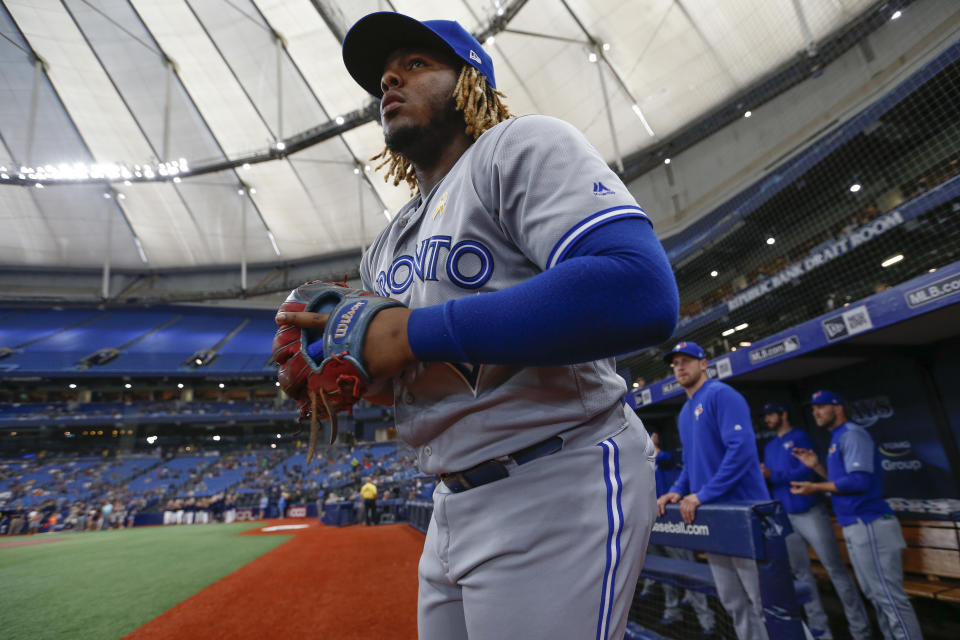 ST. PETERSBURG, FL - SEPTEMBER 07: Toronto Blue Jays third baseman Vladimir Guerrero Jr. (27) during the MLB game between the Toronto Blue Jays and Tampa Bay Rays on September 7, 2019 at Tropicana Field in St. Petersburg, FL. (Photo by Mark LoMoglio/Icon Sportswire via Getty Images)