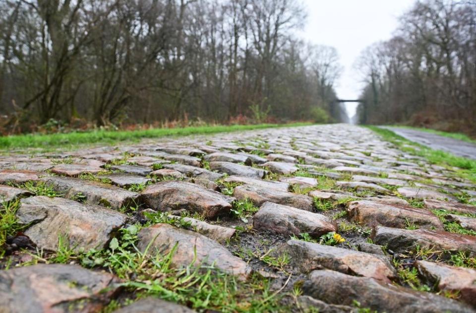 Cobblestone pictured during the reconnaissance of the track ahead of this years ParisRoubaix cycling race Thursday 06 April 2023 around Roubaix France The ParisRoubaix cycling race will take place on Sunday 09 April BELGA PHOTO DIRK WAEM Photo by DIRK WAEM  BELGA MAG  Belga via AFP Photo by DIRK WAEMBELGA MAGAFP via Getty Images