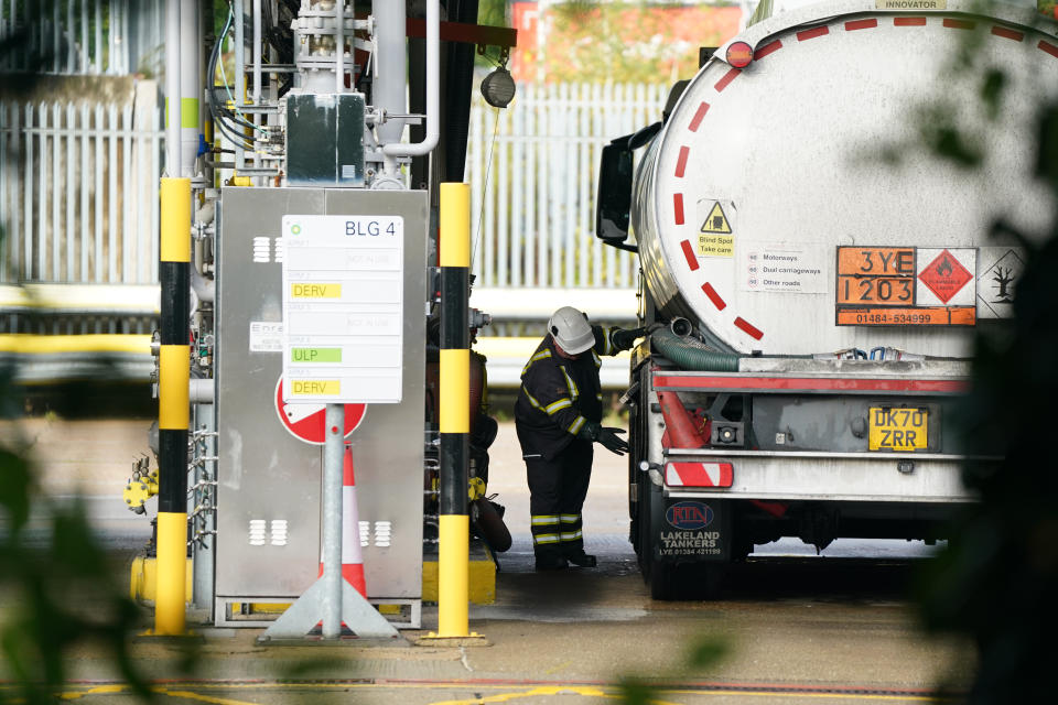 A tanker is refilled at Buncefield oil depot, known as the Hertfordshire Oil Storage Terminal, in Hemel Hempstead. Picture date: Monday October 4, 2021. (Photo by Joe Giddens/PA Images via Getty Images)