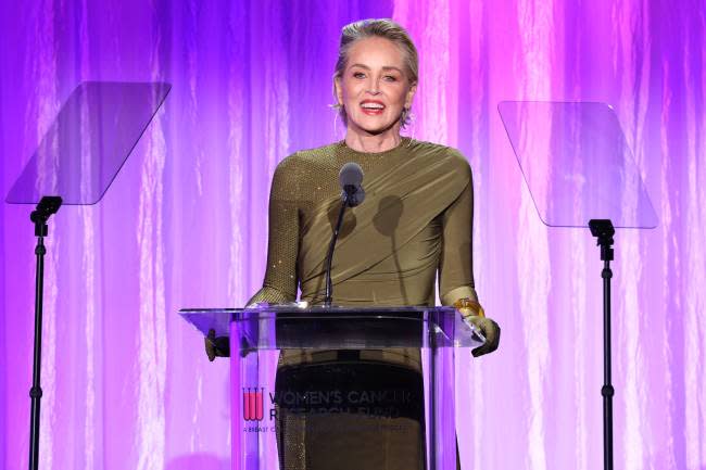 Sharon Stone speaking at the The Womens Cancer Research Funds An Unforgettable Evening Benefit Gala
