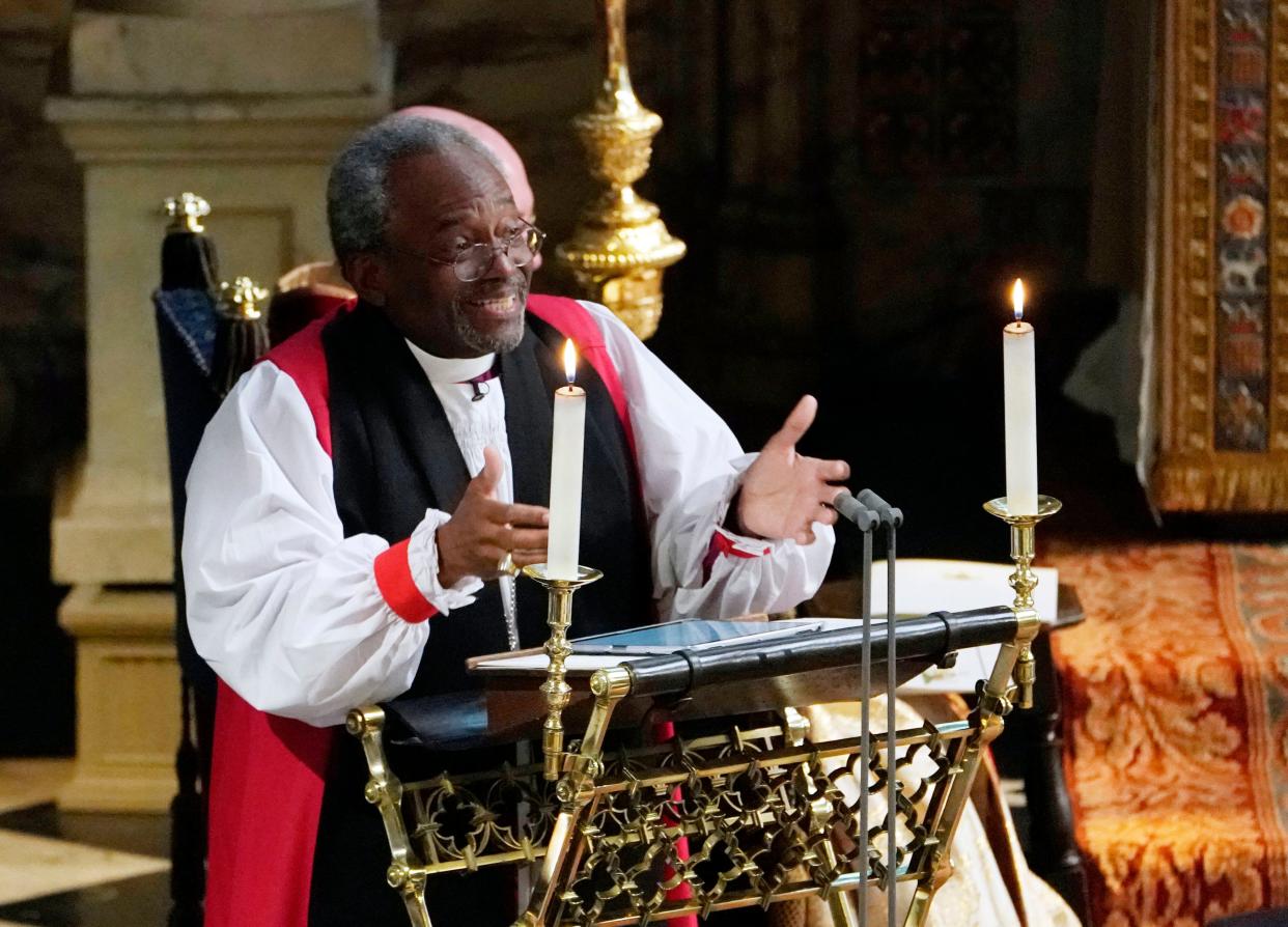 The Most Rev. Michael Curry, presiding bishop of the Episcopal Church, gives an address during the wedding of Prince Harry and Meghan Markle in St. George's Chapel at Windsor Castle on May 19, 2018, in Windsor, England.