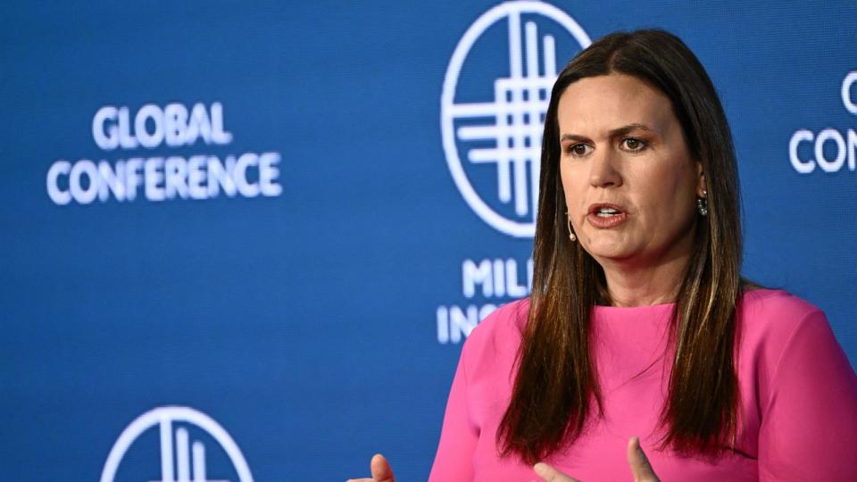 PHOTO: Sarah Huckabee Sanders, Governor of Arkansas, speaks during the Milken Institute Global Conference in Beverly Hills, May 2, 2023.  (Patrick T. Fallon/AFP via Getty Images)