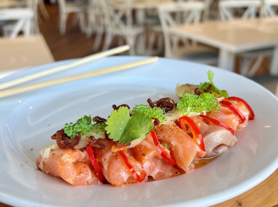 This salmon crudo dish is on the new sushi menu at Deck 84 waterfront restaurant in Delray Beach.