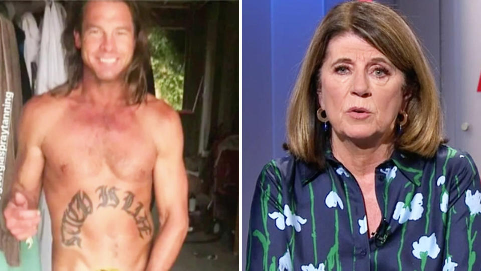 Veteran AFL reporter Caroline Wilson (pictured right) not impressed and Ben Cousins (pictured left) shirtless at a tanning salon.