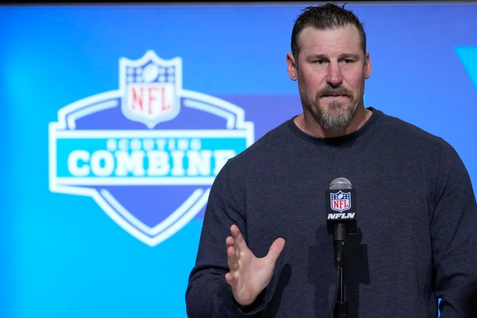 Detroit Lions head coach Dan Campbell speaks during a press conference at the NFL football scouting combine in Indianapolis, Wednesday, March 1, 2023. (AP Photo/Michael Conroy)