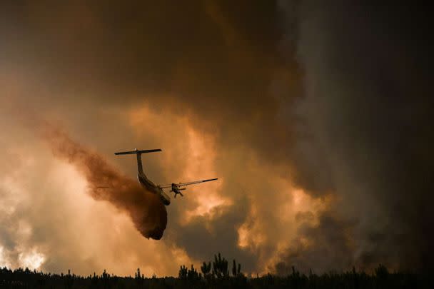 PHOTO: A firefighting aircraft sprays fire retardant over trees during a forest fire near Belin-Beliet in the Gironde region of southwestern France on August 10, 2022. (Philippe Lopez/AFP via Getty Images)