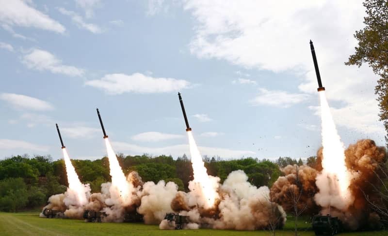 A picture released by the North Korean State News Agency (KCNA) on 23 April 2024 shows a missile drill at an undisclosed location. According to the South Korean military, North Korea has once again fired several missiles towards the open sea. -/KCNA/KNS/dpa