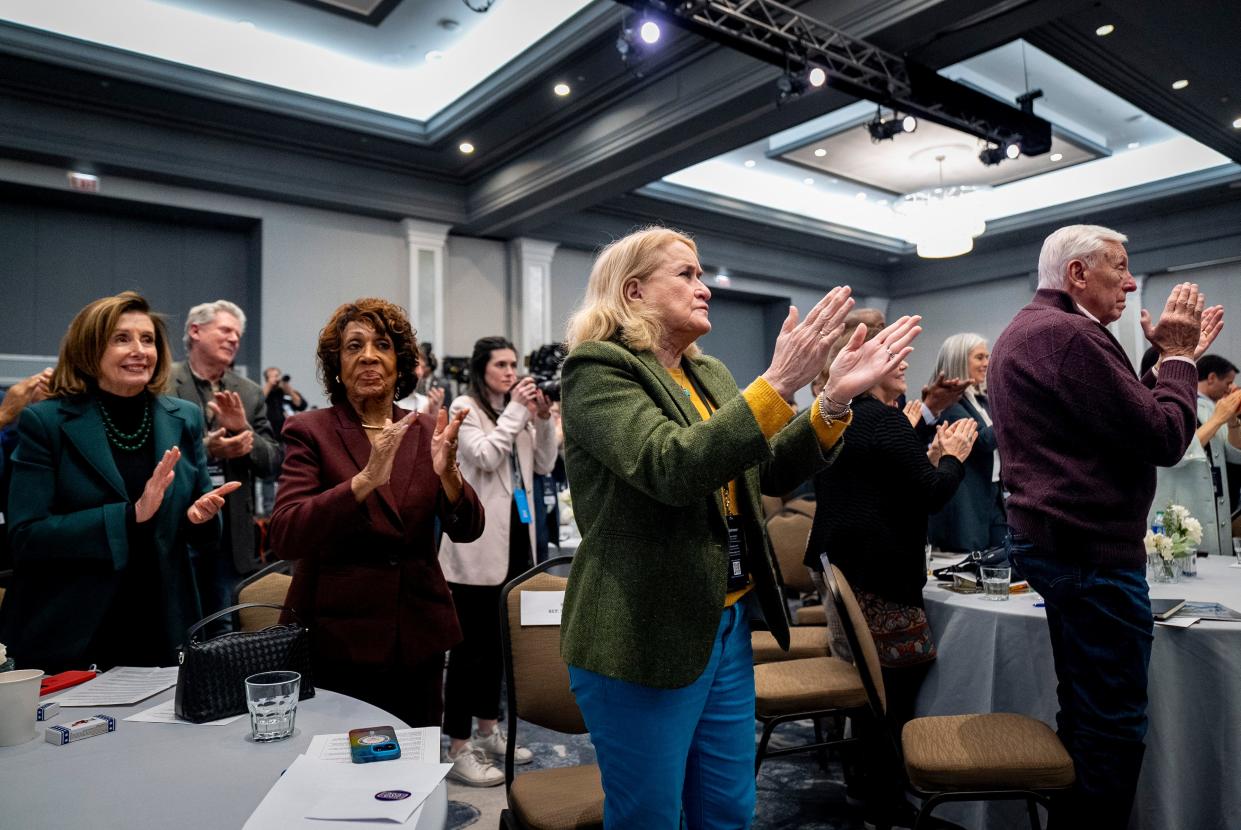Former House Speaker Nancy Pelosi, D-Calif., from left, Rep. Maxine Waters, D-Calif., Rep. Sylvia Garcia, D-Texas, and Rep. Steny Hoyer, D-Md., stand and applaud during the House Democratic Caucus Issues Conference at Lansdowne Resort in Leesburg, Va., Thursday, Feb. 8, 2024.