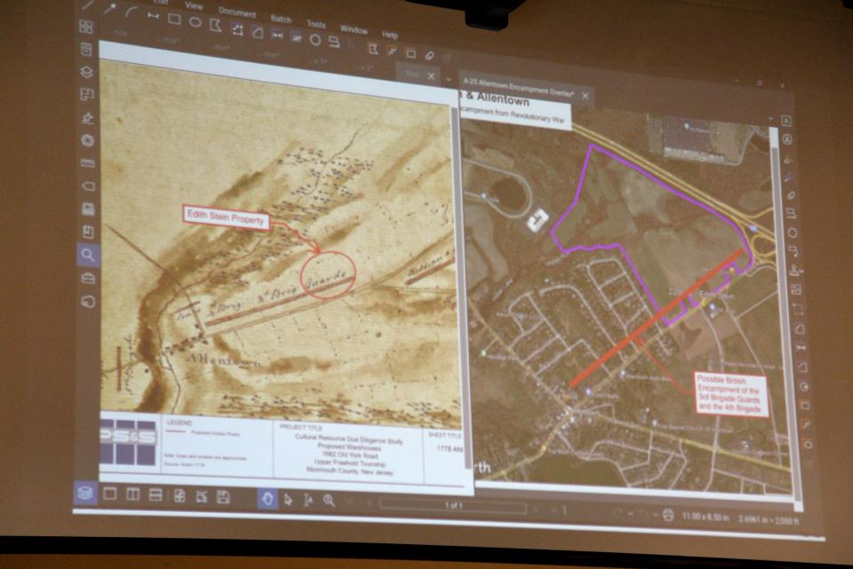 The 1778 map alongside an image from Google Maps that was presented to the Upper Freehold planning board on Tuesday, March 26, 2024 at Stone Brook Middle School in Upper Freehold, New Jersey.