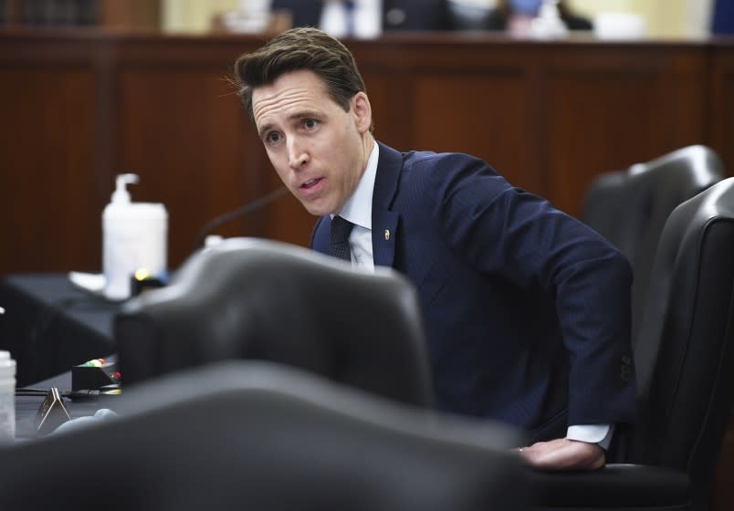 Sen. Josh Hawley, R-Mo., speaks during a Senate Small Business and Entrepreneurship hearing to examine implementation of Title I of the CARES Act, Wednesday, June 10, 2020 on Capitol Hill in Washington. (Kevin Dietsch/Pool via AP)