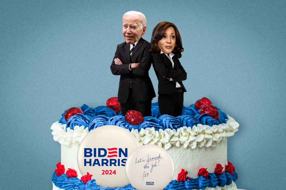 An illustration of a cake with Joe Biden and Kamala Harris popping out of it.