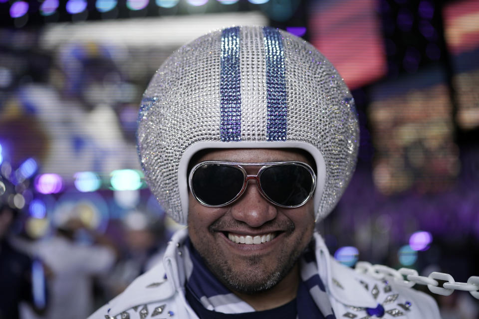 Dallas Cowboys fan Jaime Castro smiles before the second round of the NFL football draft Friday, April 29, 2022, in Las Vegas. (AP Photo/Jae C. Hong )