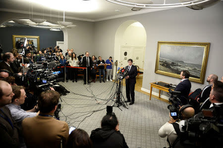 The Catalan separatist leader Carles Puigdemont speaks during a news conference after a meeting with Danish members of the Parliament, after being invited by the Faroese parliamentary member Magni Arge, at Christiansborg in Copenhagen, Denmark January 23, 2018. Mads Claus Rasmussen/Scanpix Denmark via REUTERS