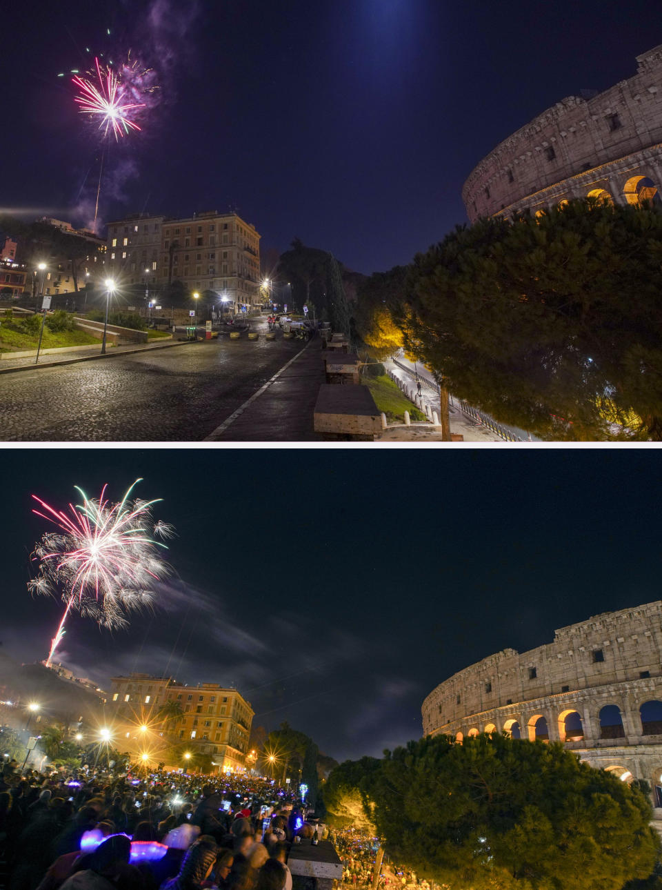 This combo image shows Colle Oppio hill overlooking Rome's Colosseum, a popular spot for New Year's Eve celebrations, as seen in the first minutes of Friday, Jan. 1, 2021, top photo, and Tuesday, Jan. 1, 2018, bottom photo. As the world says goodbye to 2020, there will be countdowns and live performances, but no massed jubilant crowds in traditional gathering spots like the Champs Elysees in Paris and New York City's Times Square this New Year's Eve. The virus that ruined 2020 has led to cancelations of most fireworks displays and public events in favor of made-for-TV-only moments in party spots like London and Rio de Janeiro (AP Photo/Andrew Medichini)