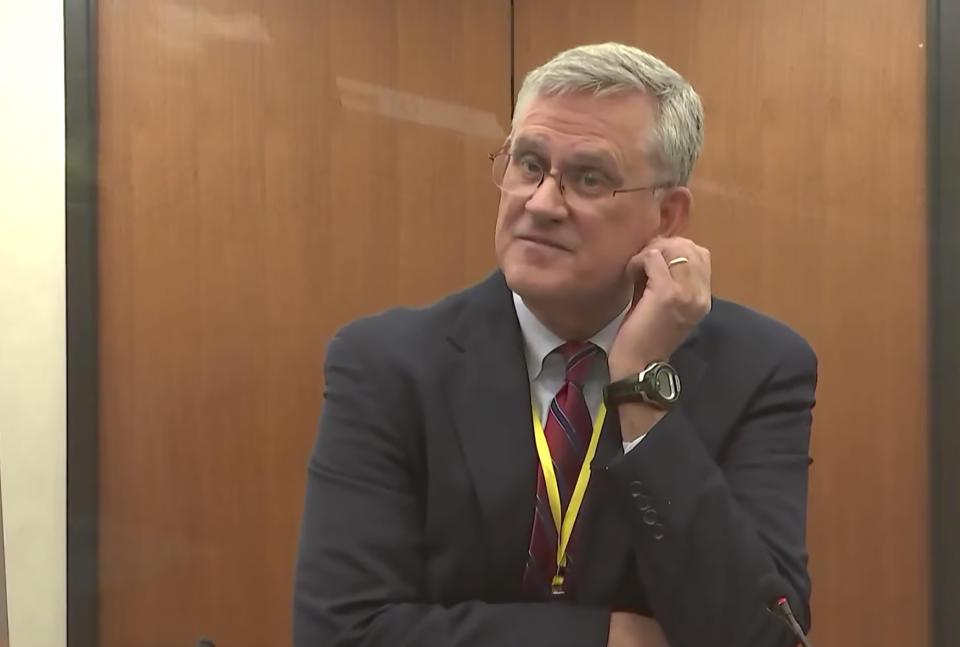 In this screen grab from video, defense attorney Paul Engh questions a potential juror as Hennepin County Judge Regina Chu presides over jury selection Wednesday, Dec. 1, 2021, in the trial of former Brooklyn Center police Officer Kim Potter in the April 11, 2021, death of Daunte Wright, at the Hennepin County Courthouse in Minneapolis, Minn. (Court TV via AP, Pool)