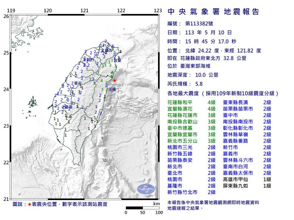 今（10）天下午3點45分台灣東部海域發生芮氏規模5.8地震。（圖：氣象署提供）