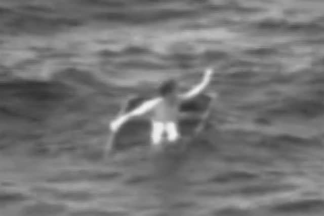 <p>Coast Guard Air Station Clearwater</p> The U.S. Coast Guard rescue Charles Gregory aboard his partially submerged 12-foot jon boat 12 miles offshore of St. Augustine, Florida, Aug. 5, 2023.