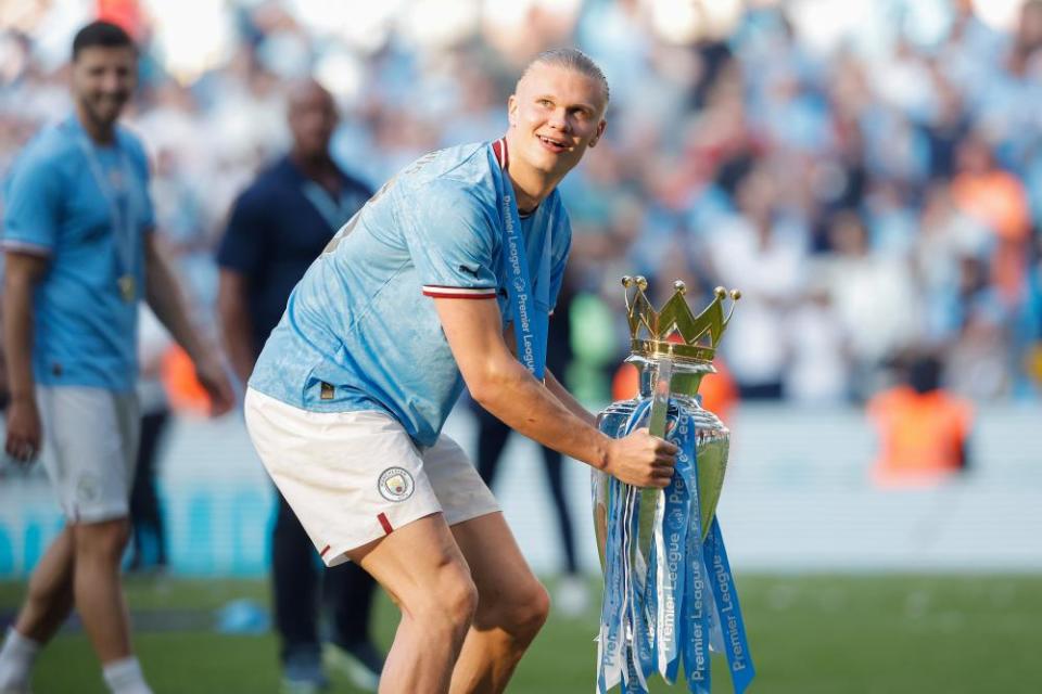 Manchester City’s Erling Haaland celebrates winning his first Premier League title