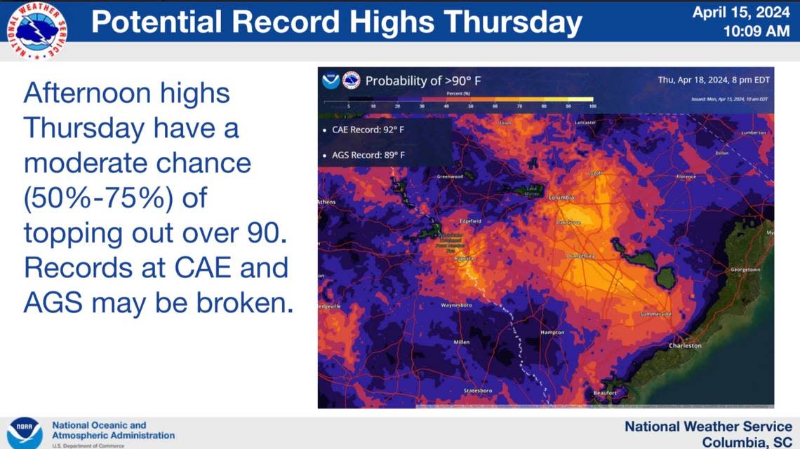 An image showing the potential of temperatures exceeding 90 degrees across central South Carolina on Thursday. screenshot/Courtesy of the NWS