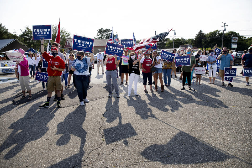 Trump supporters wait for Lara Trump at Jimmy the Greeks restaurant in Old Orchard Beach on Wednesday, July 22, 2020, during a stop on the Women for Trump bus tour. (Derek Davis/Portland Press Herald via Getty Images)