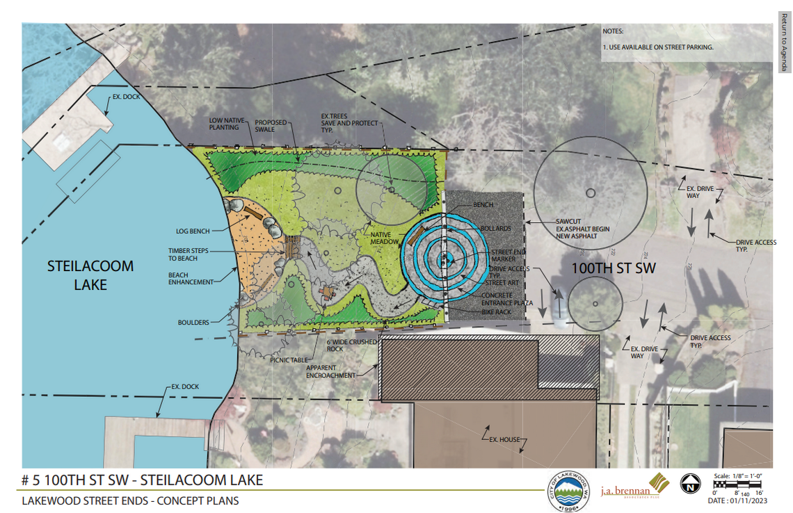 A conceptual design shows possible improvements that could be made to an overgrown street end on Steilacoom Lake at the end of 100th Street Southwest, west of Dekoven Drive. The design incudes an enhanced beach with limber logs, picnic table, path, street markers and native meadow.